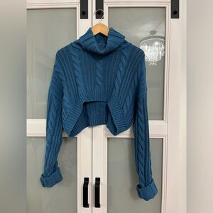 Cozy Blue Cable Knit Cropped Turtleneck Sweater